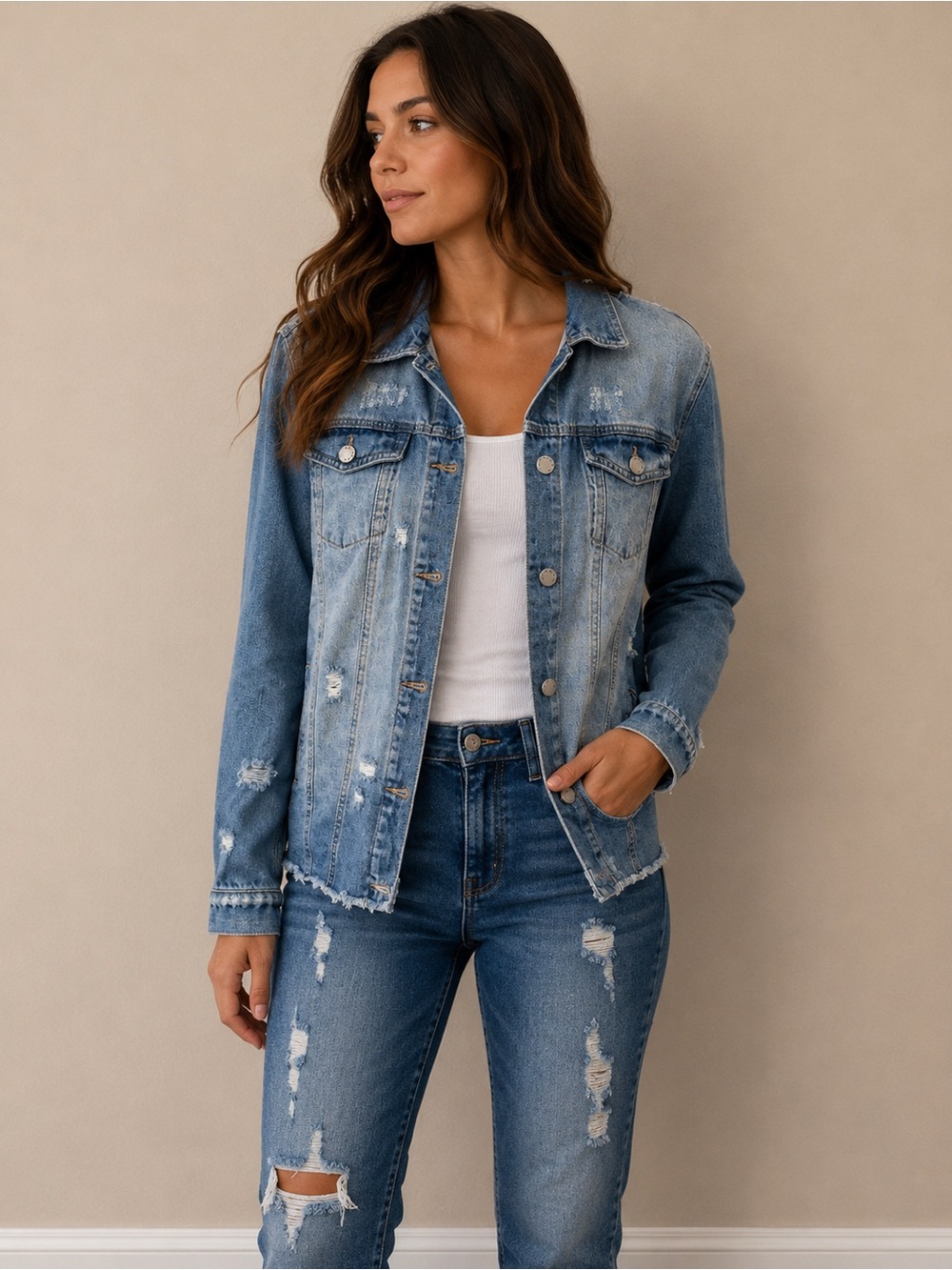 Distressed Light Wash Denim Jacket - Blue